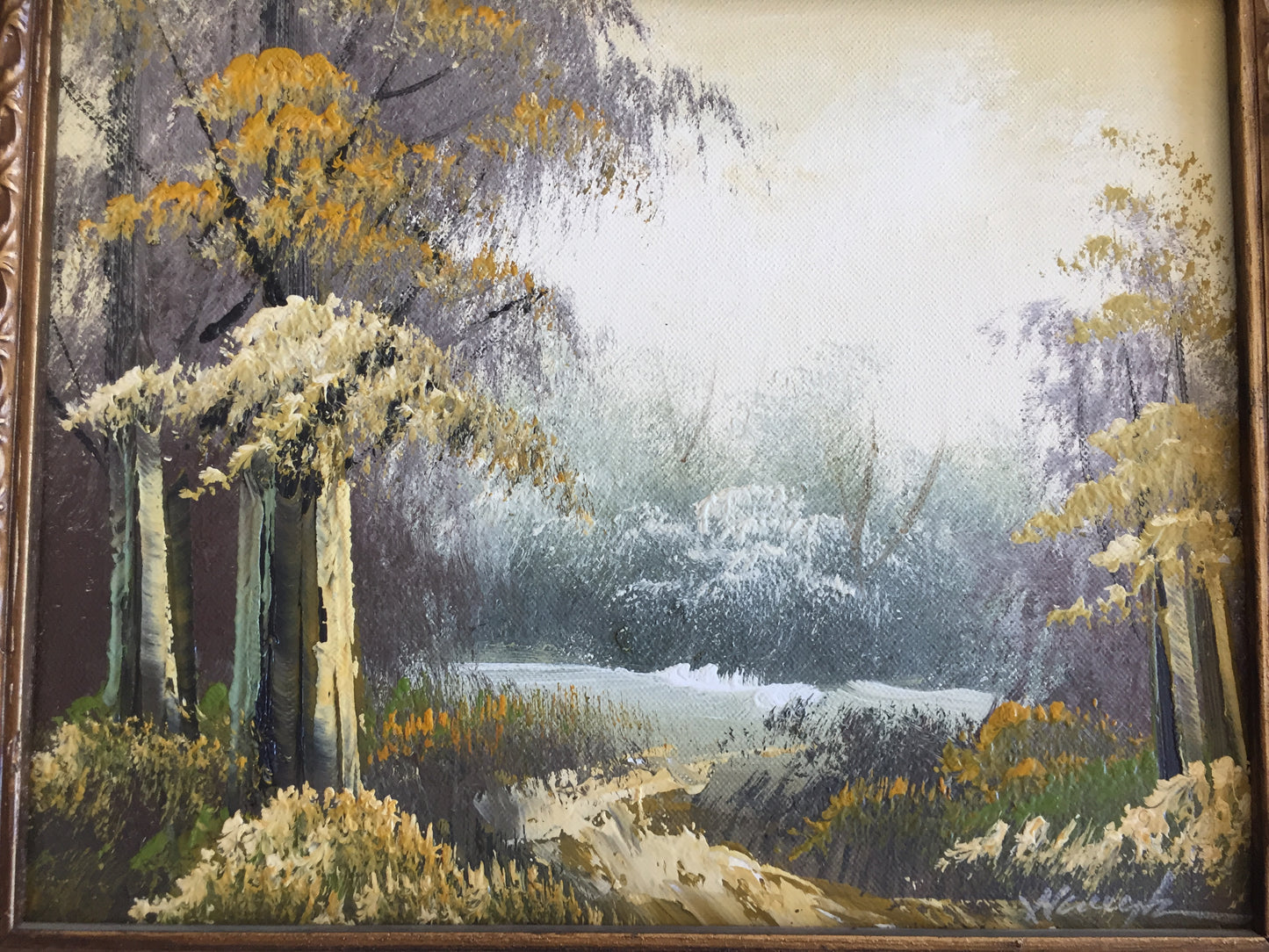 Ornate Gilded Picture Frame with Original Oil Painting: Wilderness Landscape
