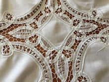 Load image into Gallery viewer, Handmade Vintage Square White Cotton Tablecloth with Battenburg Lace