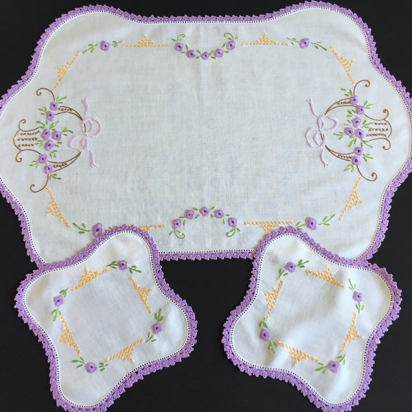 Australian Vintage Hand Embroidered Floral Duchess / Dressing Table Doily Set (3 Piece)