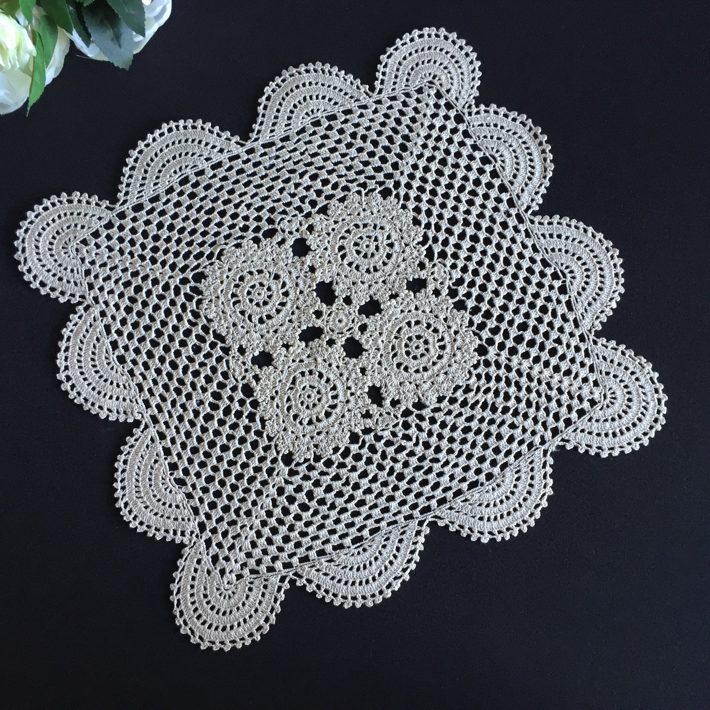 1980s Vintage Handmade Ecru Crochet Lace Doily