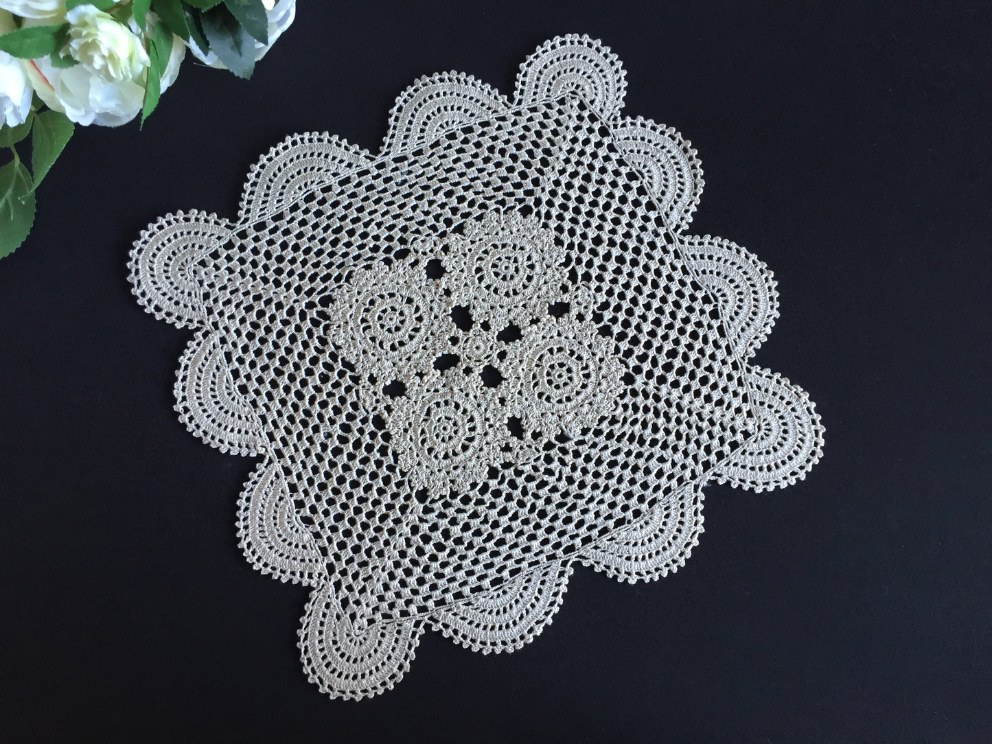 1980s Vintage Handmade Ecru Crochet Lace Doily