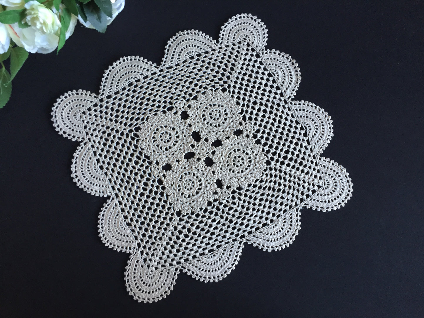 1980s Vintage Handmade Ecru Crochet Lace Doily