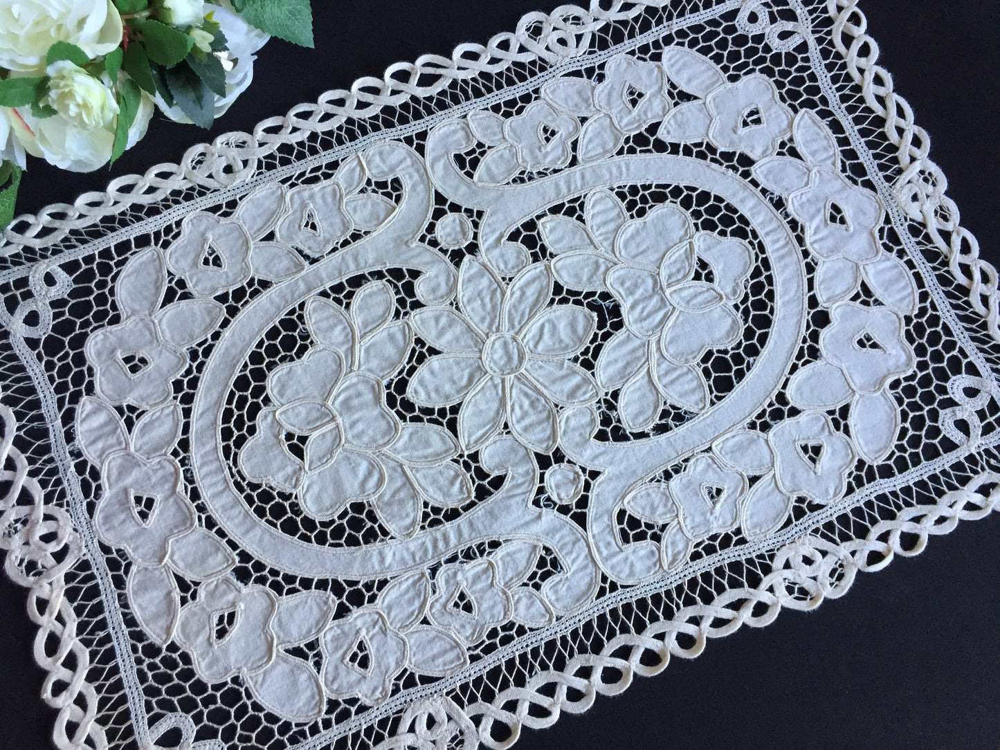 Vintage Machine Embroidered Cutwork Table Runner | Centrepiece Ivory Cotton