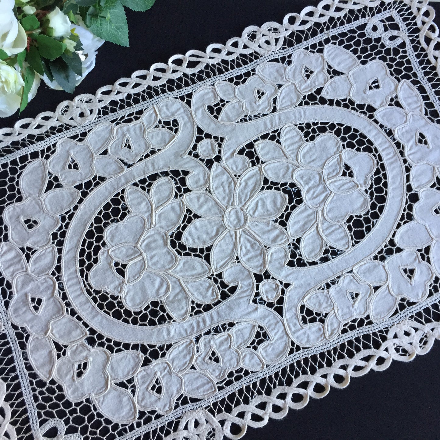 Vintage Machine Embroidered Cutwork Table Runner | Centrepiece Ivory Cotton