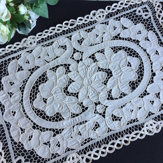 Vintage Machine Embroidered Cutwork Table Runner | Centrepiece Ivory Cotton