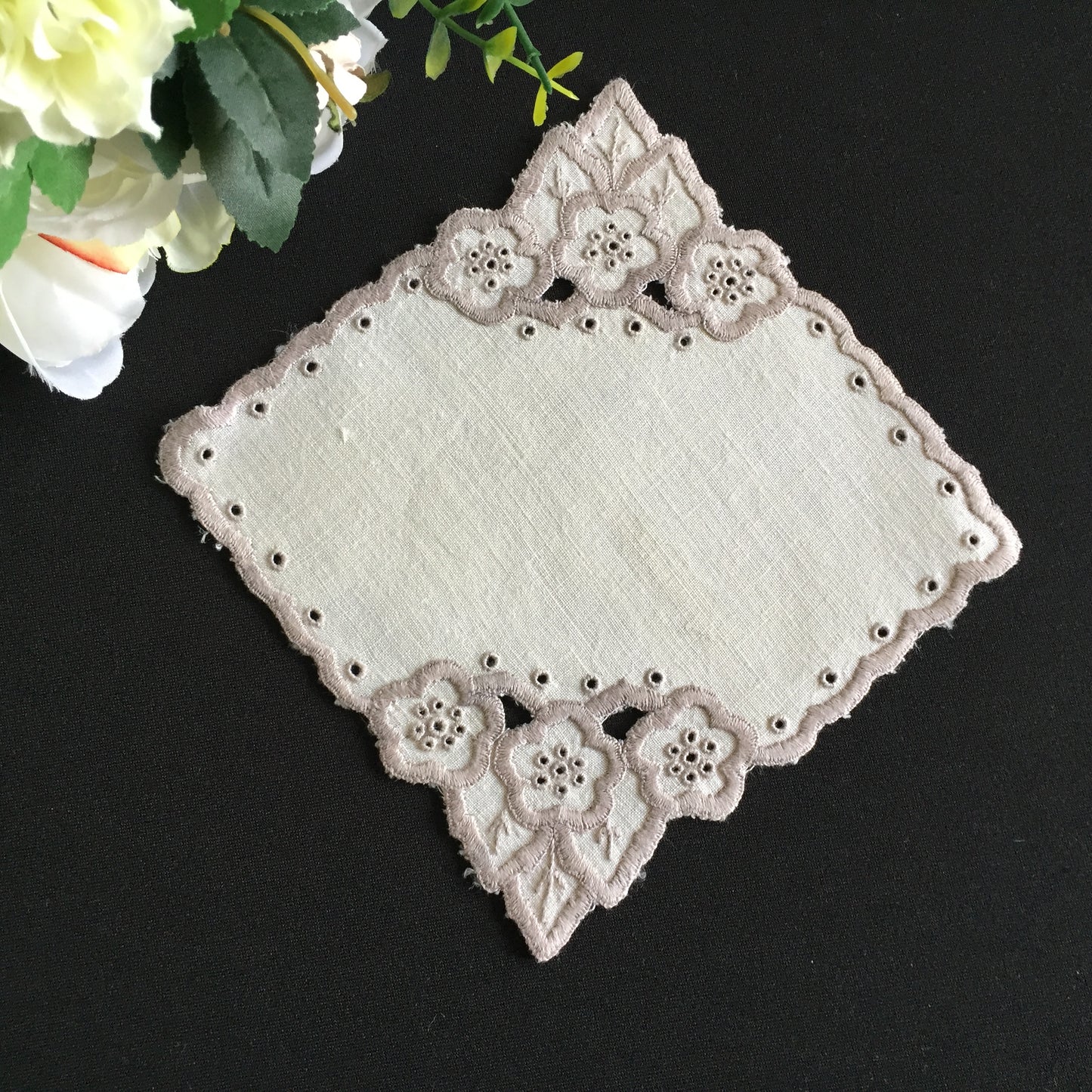 Vintage Hand Embroidered Broderie Anglaise Small 5.5" Square White & Taupe Doily