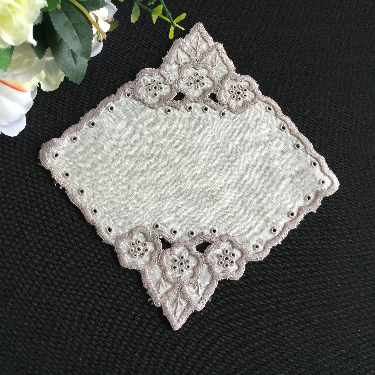 Vintage Hand Embroidered Broderie Anglaise Small 5.5" Square White & Taupe Doily