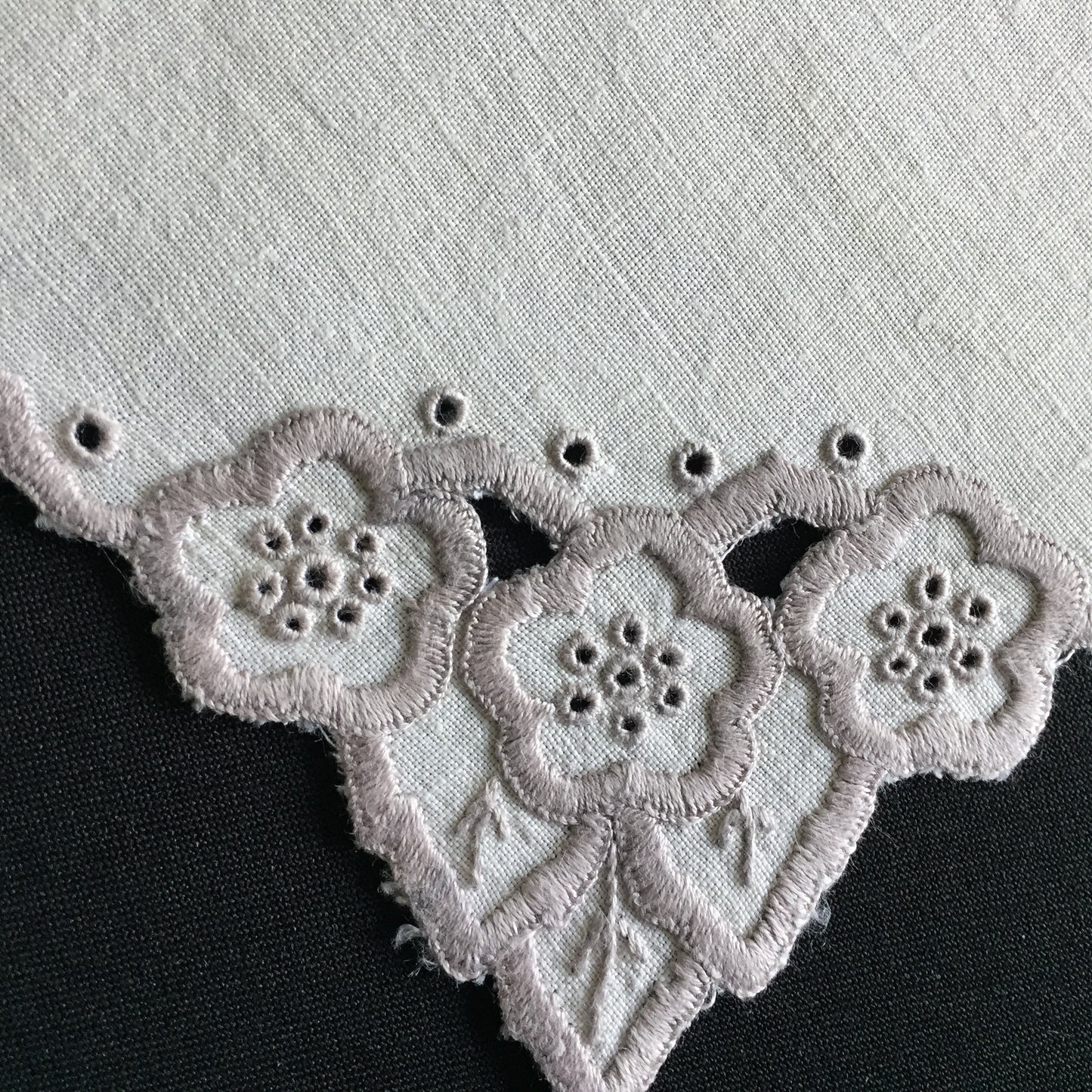 Vintage Hand Embroidered Broderie Anglaise Small 5.5" Square White & Taupe Doily