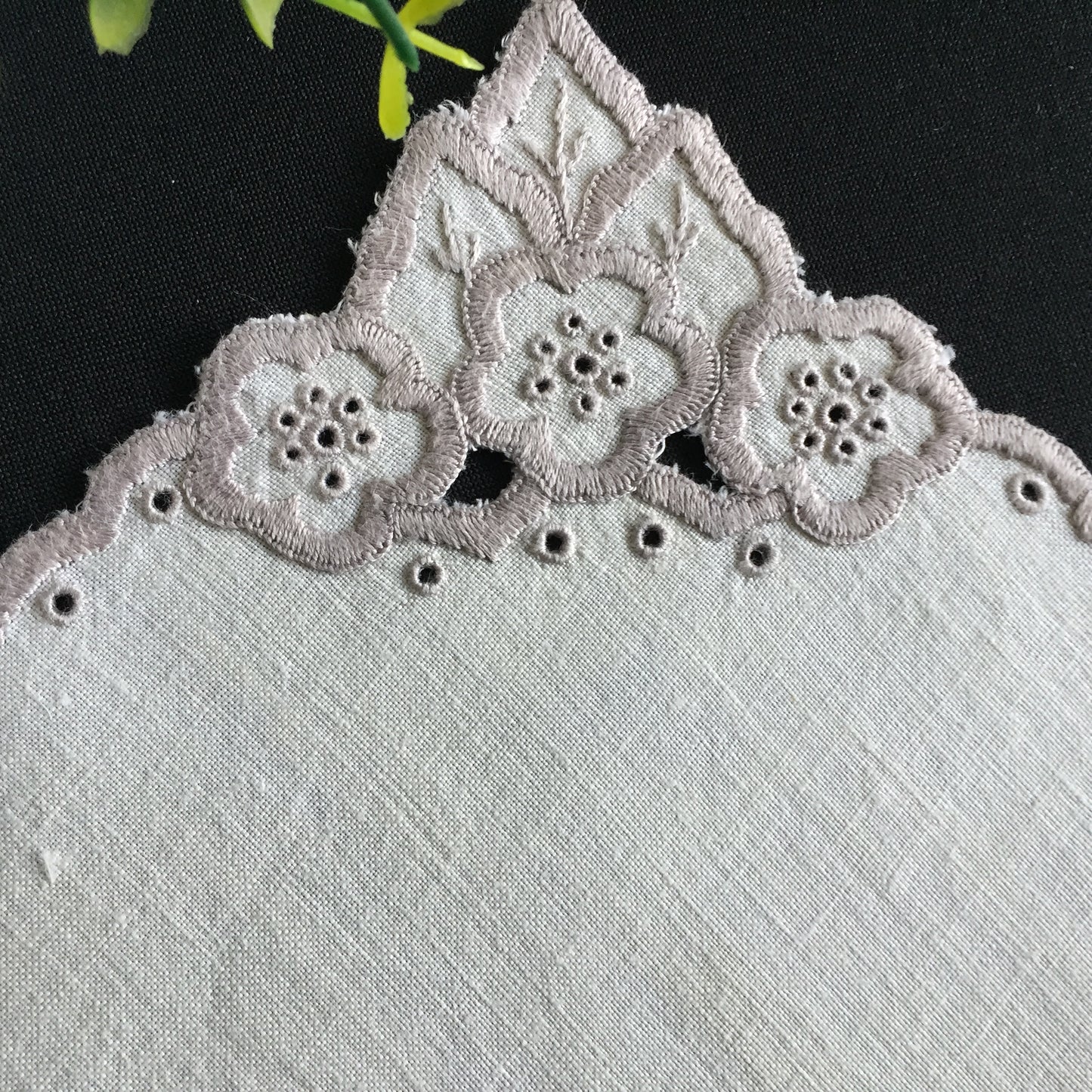 Vintage Hand Embroidered Broderie Anglaise Small 5.5" Square White & Taupe Doily