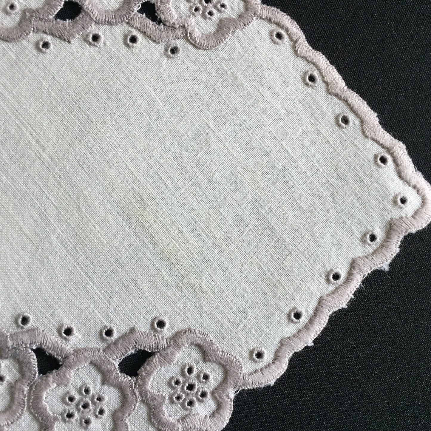 Vintage Hand Embroidered Broderie Anglaise Small 5.5" Square White & Taupe Doily