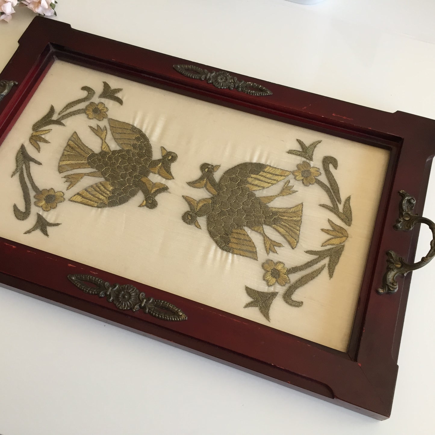 Antique Carved Wooden Serving Tray with Metal Handles & Silk Embroidery Under Glass