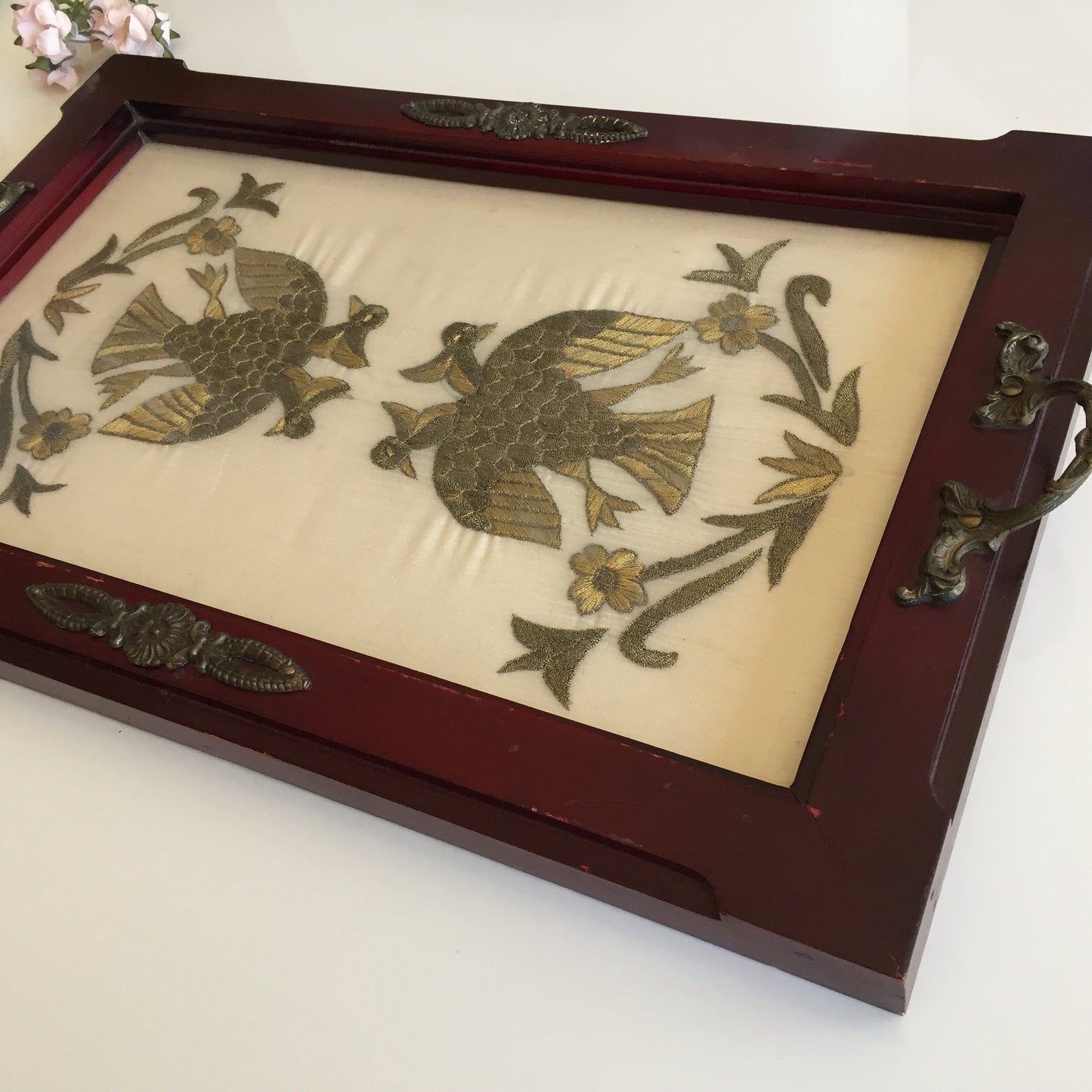 Antique Carved Wooden Serving Tray with Metal Handles & Silk Embroidery Under Glass