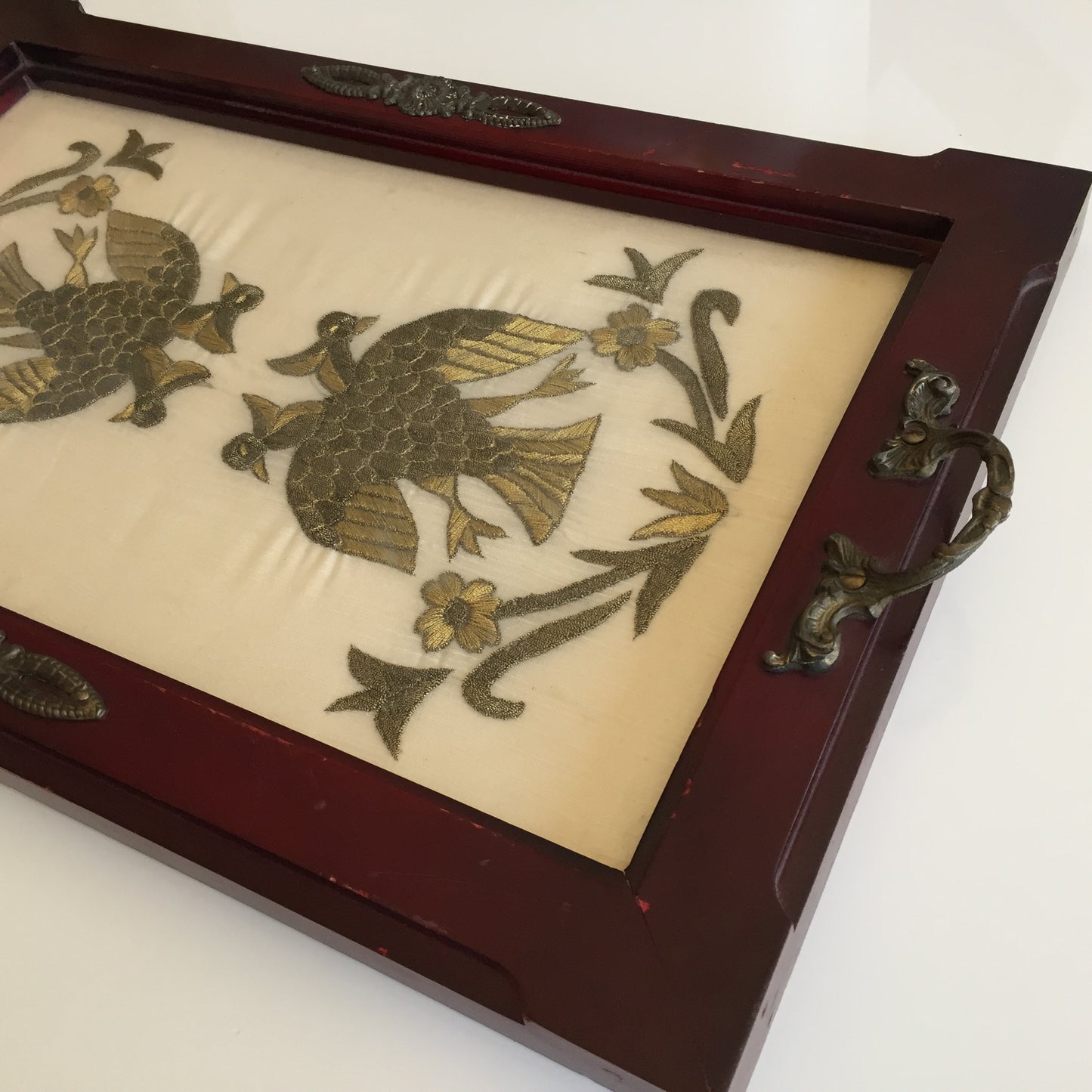 Antique Carved Wooden Serving Tray with Metal Handles & Silk Embroidery Under Glass