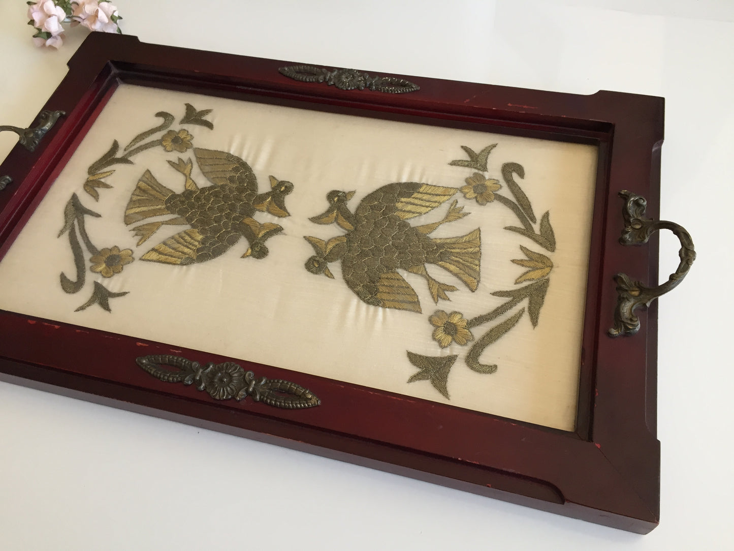 Antique Carved Wooden Serving Tray with Metal Handles & Silk Embroidery Under Glass