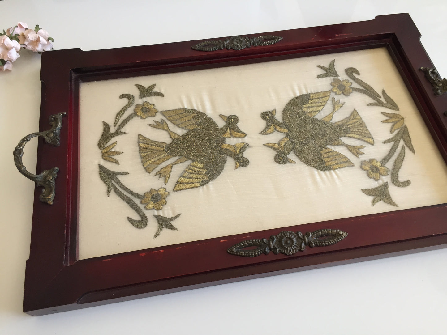 Antique Carved Wooden Serving Tray with Metal Handles & Silk Embroidery Under Glass