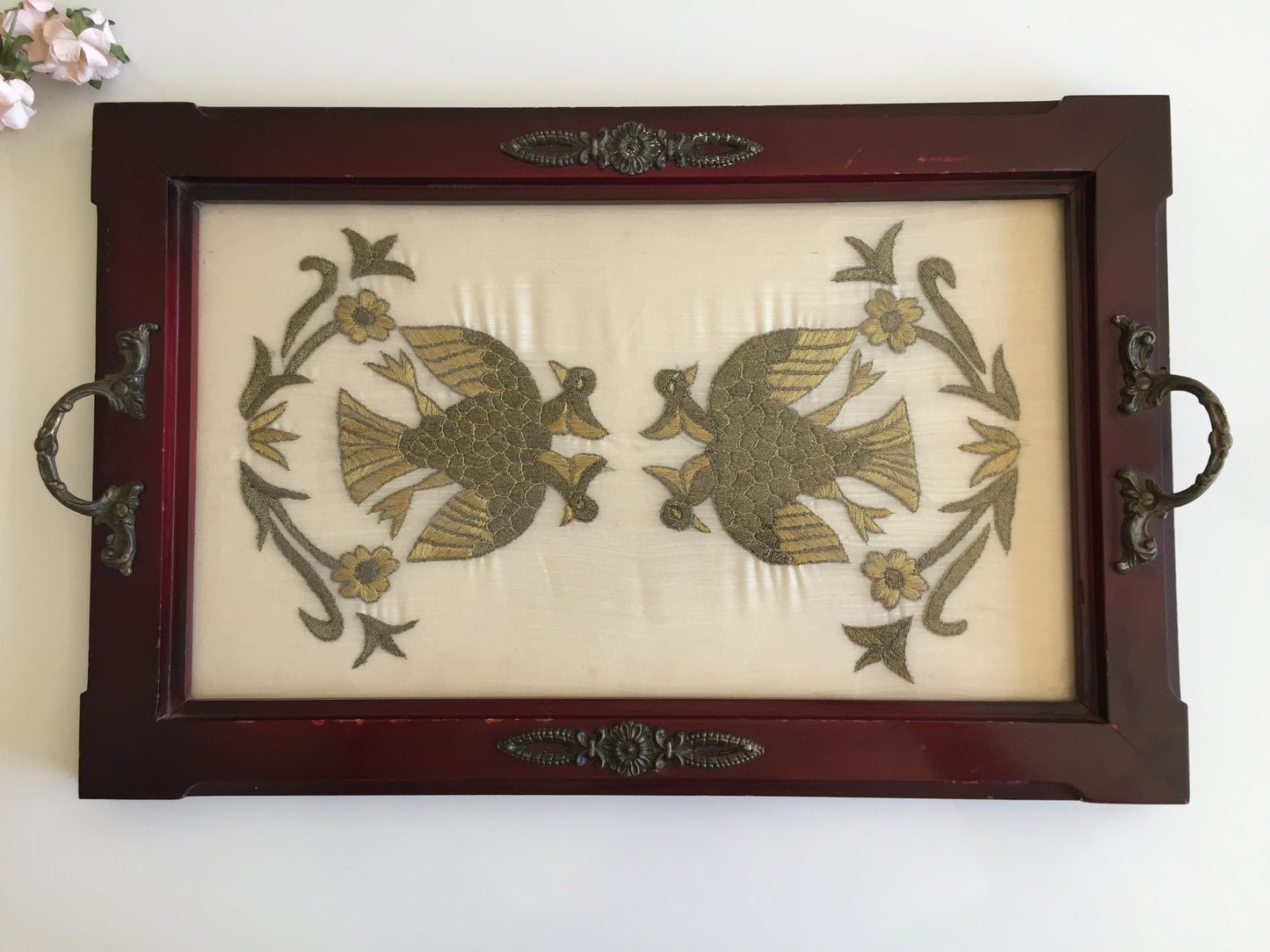 Antique Carved Wooden Serving Tray with Metal Handles & Silk Embroidery Under Glass