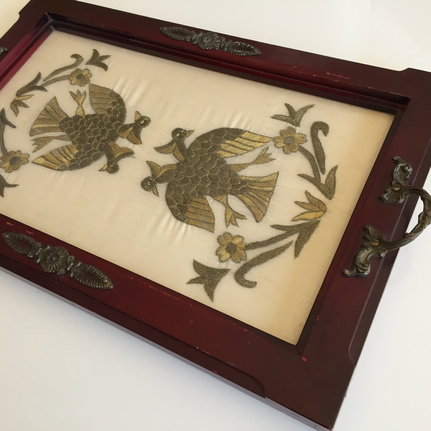 Antique Carved Wooden Serving Tray with Metal Handles & Silk Embroidery Under Glass