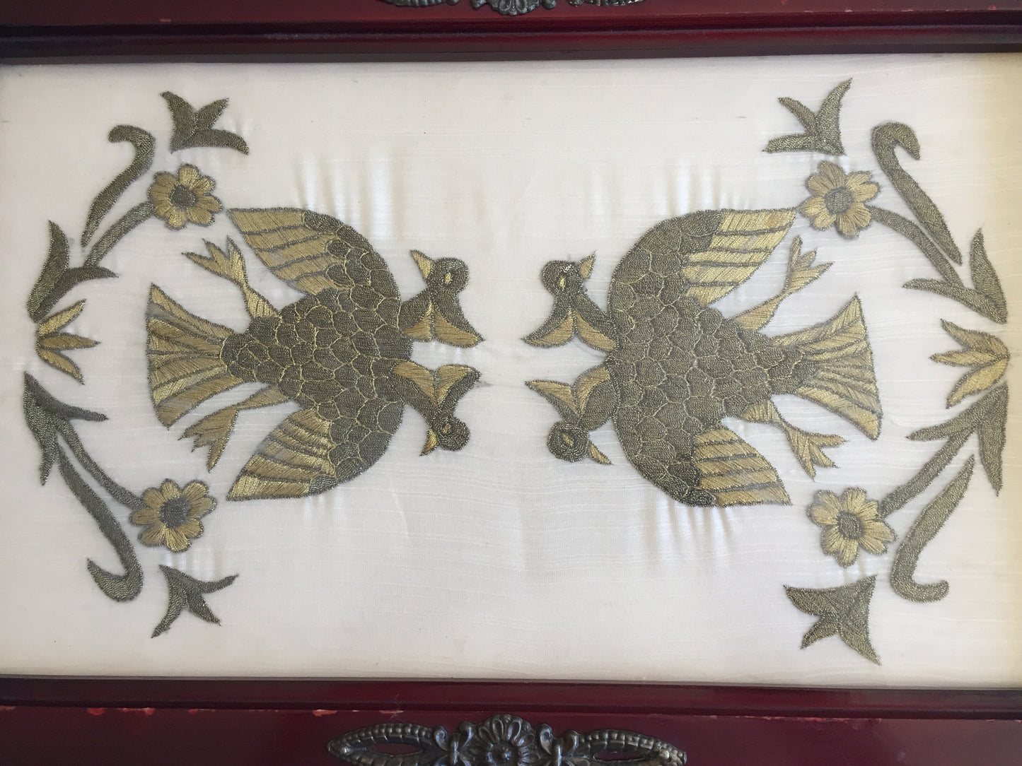 Antique Carved Wooden Serving Tray with Metal Handles & Silk Embroidery Under Glass
