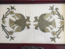 Load image into Gallery viewer, Antique Carved Wooden Serving Tray with Metal Handles &amp; Silk Embroidery Under Glass