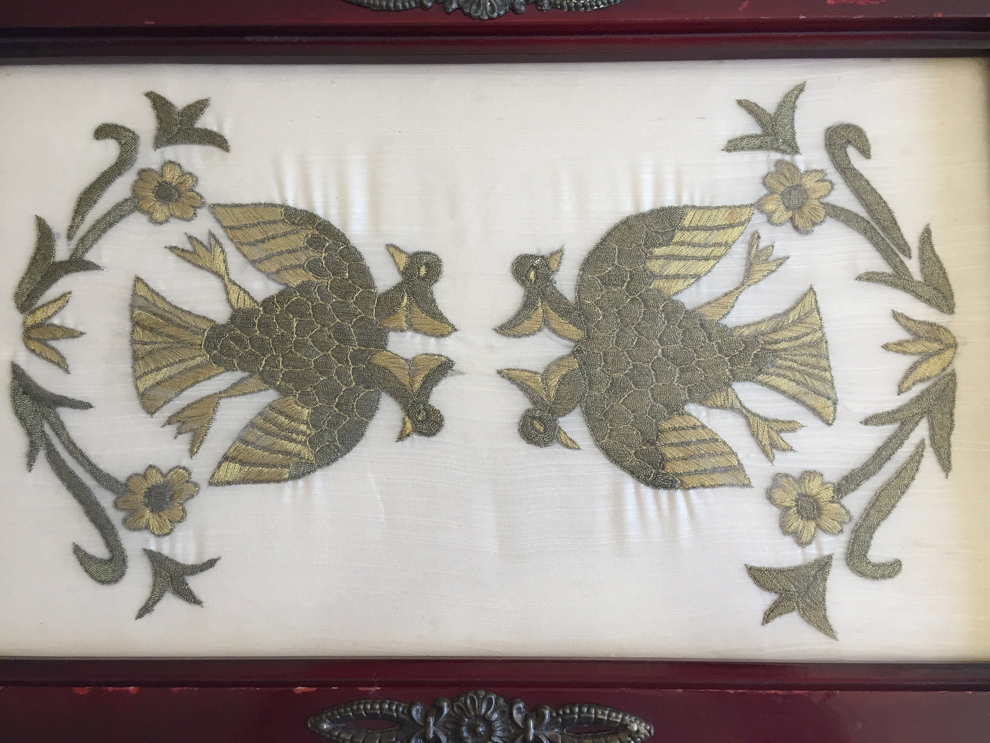 Antique Carved Wooden Serving Tray with Metal Handles & Silk Embroidery Under Glass