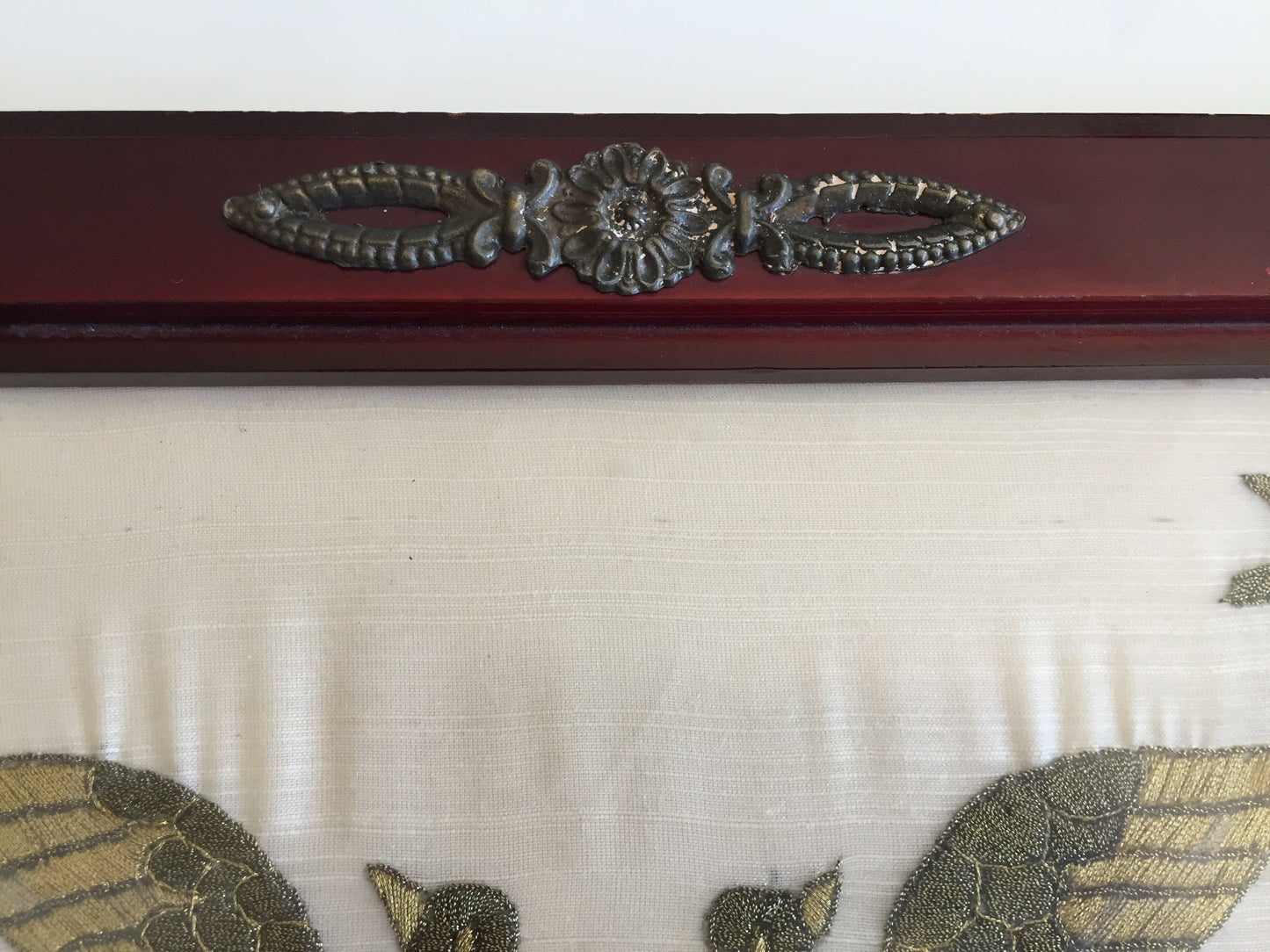 Antique Carved Wooden Serving Tray with Metal Handles & Silk Embroidery Under Glass