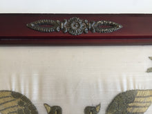 Load image into Gallery viewer, Antique Carved Wooden Serving Tray with Metal Handles &amp; Silk Embroidery Under Glass