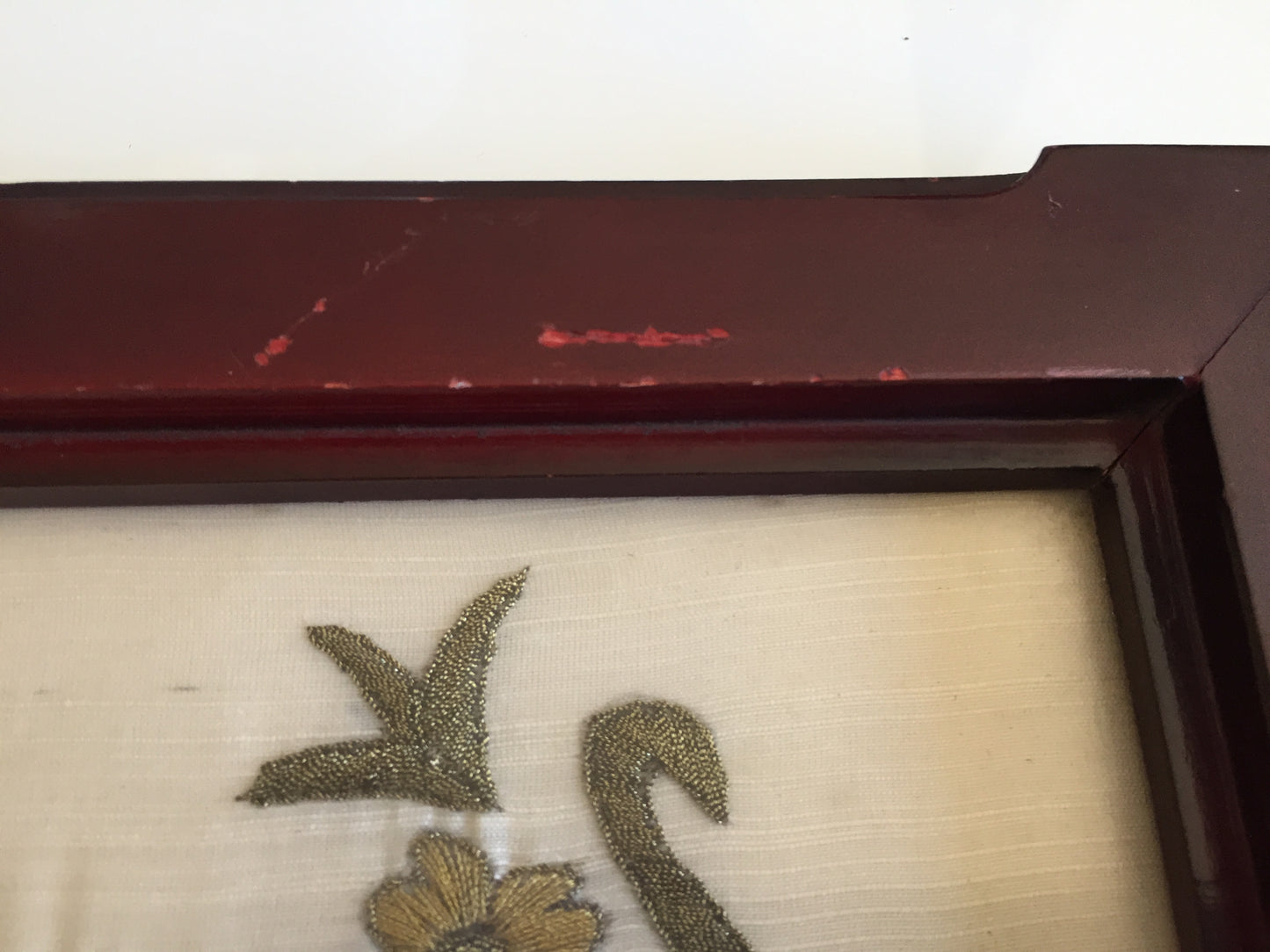Antique Carved Wooden Serving Tray with Metal Handles & Silk Embroidery Under Glass