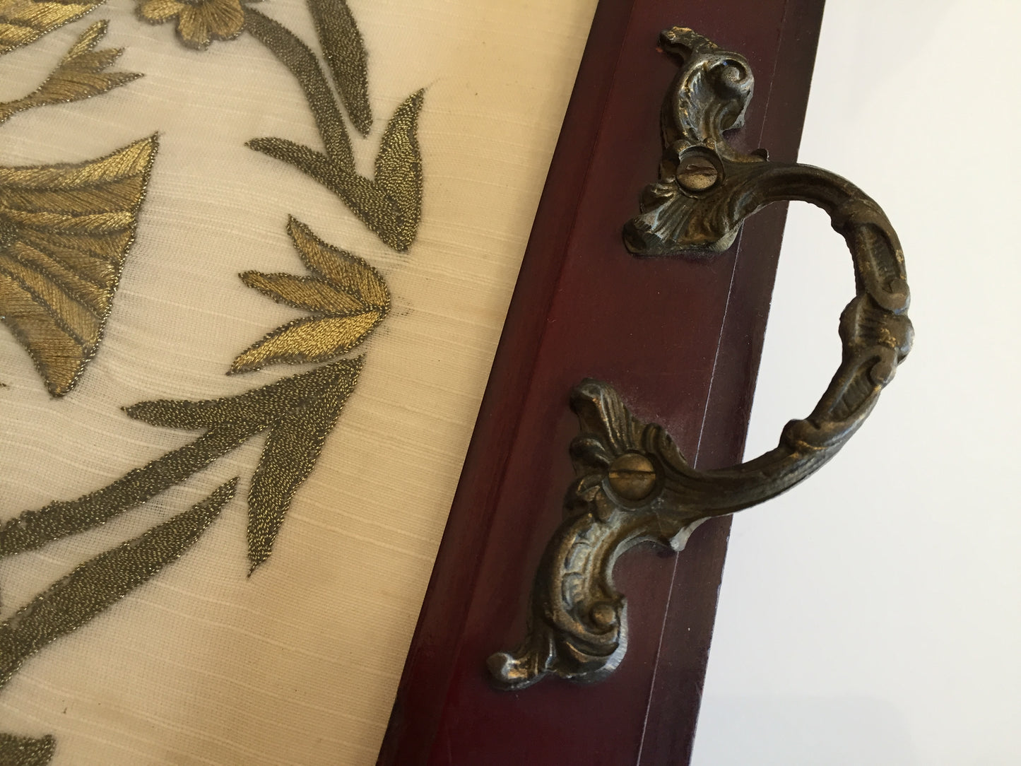 Antique Carved Wooden Serving Tray with Metal Handles & Silk Embroidery Under Glass