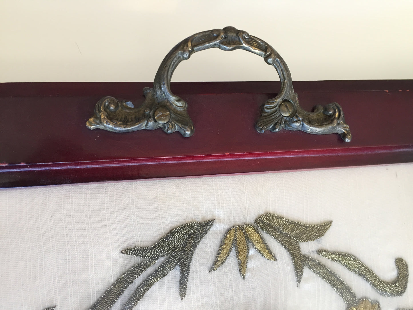 Antique Carved Wooden Serving Tray with Metal Handles & Silk Embroidery Under Glass