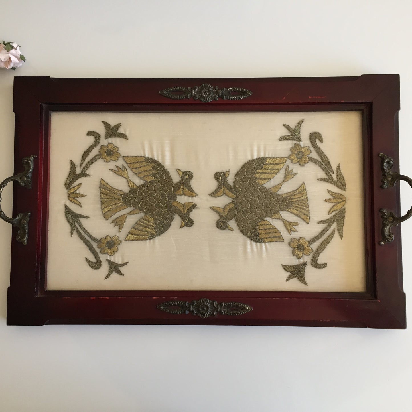 Antique Carved Wooden Serving Tray with Metal Handles & Silk Embroidery Under Glass
