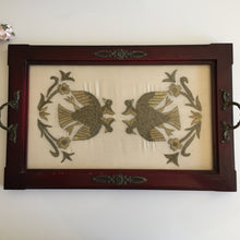Load image into Gallery viewer, Antique Carved Wooden Serving Tray with Metal Handles &amp; Silk Embroidery Under Glass