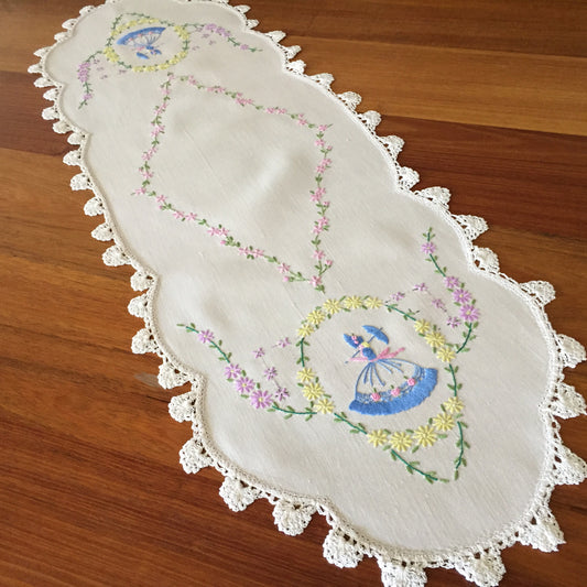 Vintage Embroidered Linen Table Runner, Crinoline Lady Design