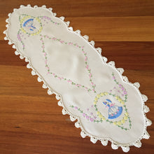 Load image into Gallery viewer, Vintage Embroidered Linen Table Runner, Crinoline Lady Design