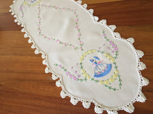 Load image into Gallery viewer, Vintage Embroidered Linen Table Runner, Crinoline Lady Design
