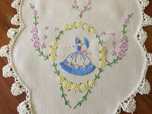 Load image into Gallery viewer, Vintage Embroidered Linen Table Runner, Crinoline Lady Design