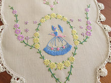 Load image into Gallery viewer, Vintage Embroidered Linen Table Runner, Crinoline Lady Design