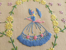 Load image into Gallery viewer, Vintage Embroidered Linen Table Runner, Crinoline Lady Design
