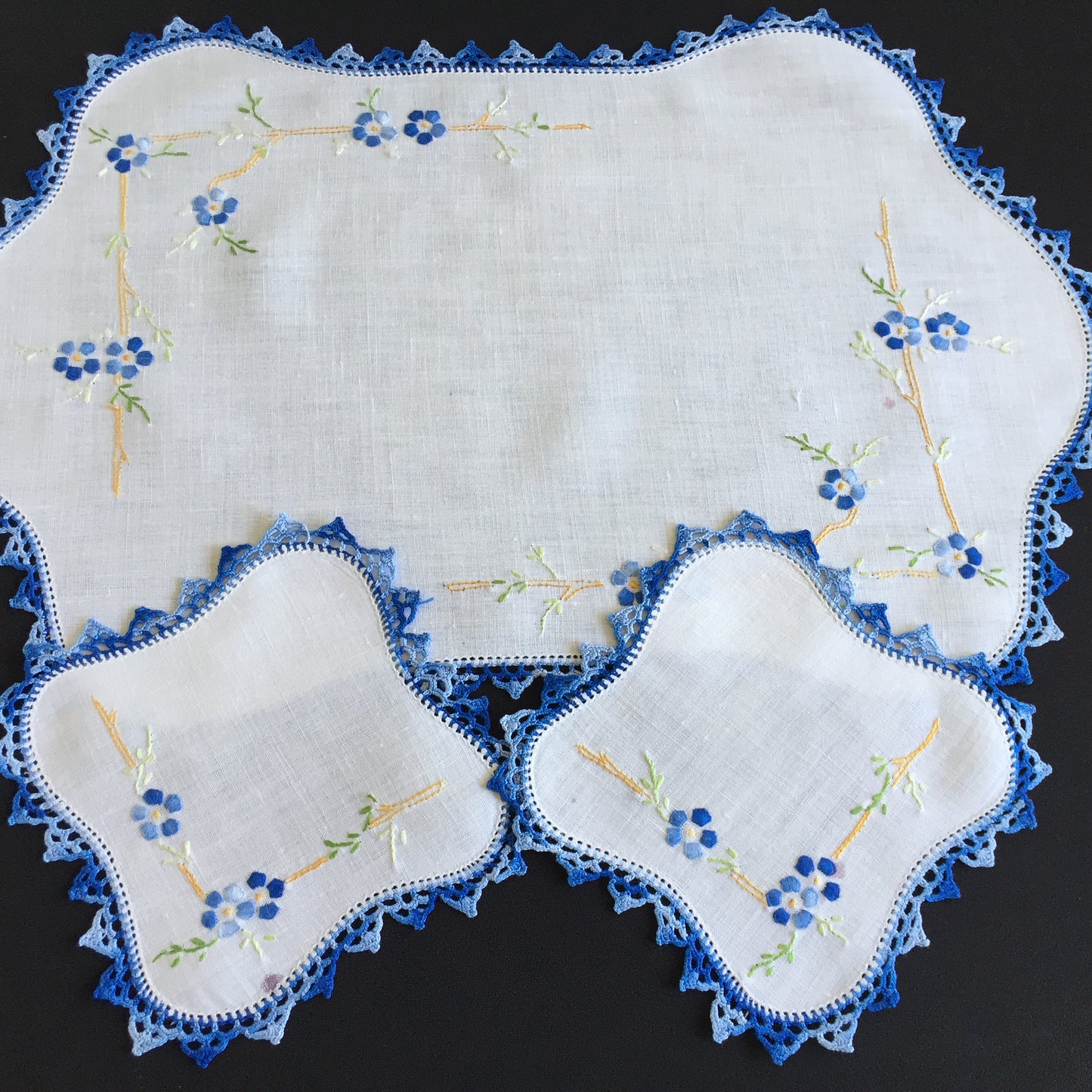 Australian Vintage Hand Embroidered Floral Duchess / Dressing Table Doily Set (3 Piece)