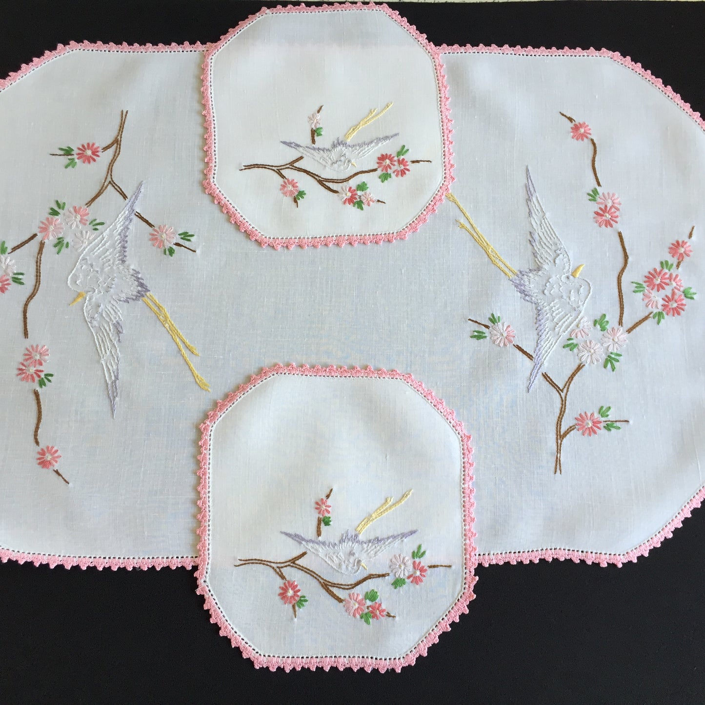 Australian Vintage Hand Embroidered Floral Duchess / Dressing Table Doily Set (3 Piece)