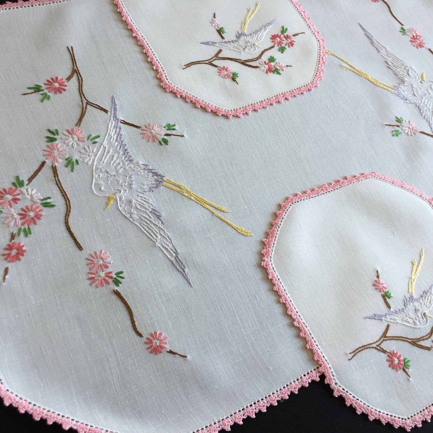 Australian Vintage Hand Embroidered Floral Duchess / Dressing Table Doily Set (3 Piece)