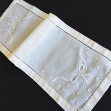 Load image into Gallery viewer, Antique Hand Embroidered Small Beige Linen Table Runner with Bow Pattern