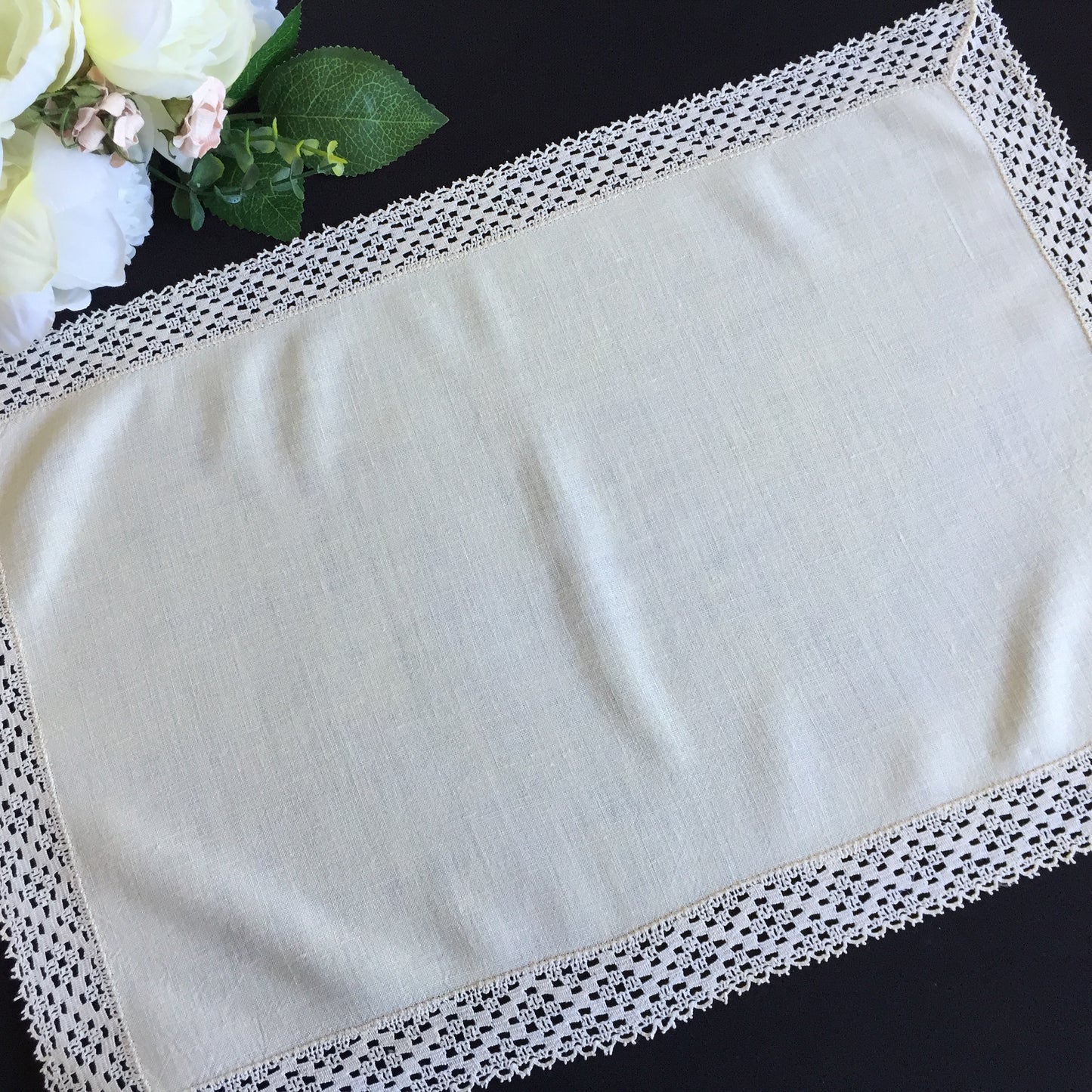 Minimalist Beige Placemat | Linen Tray Cloth Doily with Cotton Lace Edging | Edwardian Antique