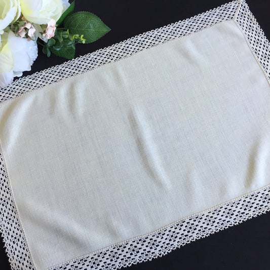 Minimalist Beige Placemat | Linen Tray Cloth Doily with Cotton Lace Edging | Edwardian Antique