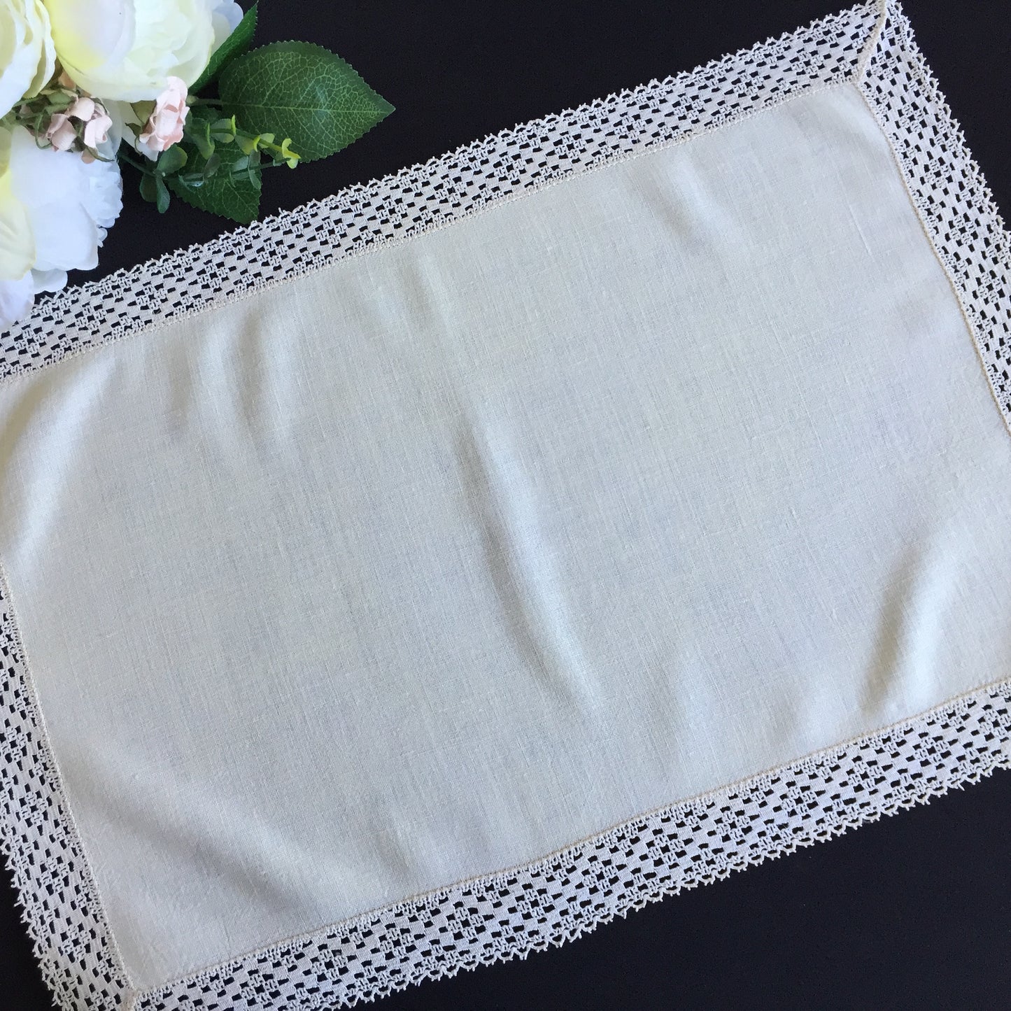 Minimalist Beige Placemat | Linen Tray Cloth Doily with Cotton Lace Edging | Edwardian Antique