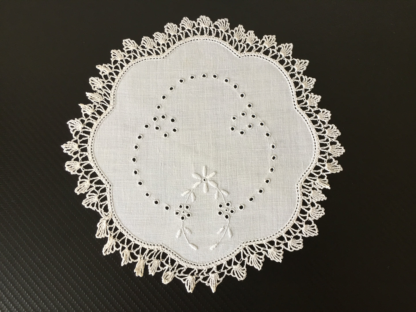 Hand Embroidered 9.5" Edwardian Antique Whitework Doily with Crocheted Edging