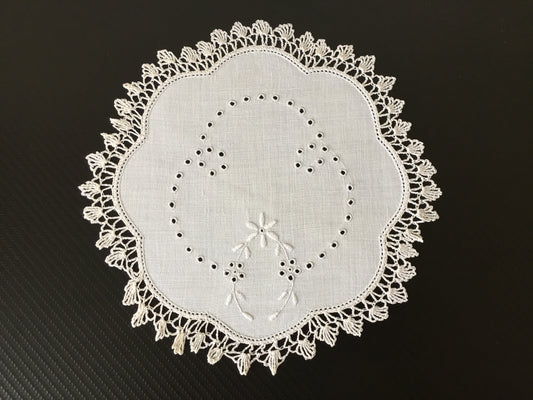 Hand Embroidered 9.5" Edwardian Antique Whitework Doily with Crocheted Edging