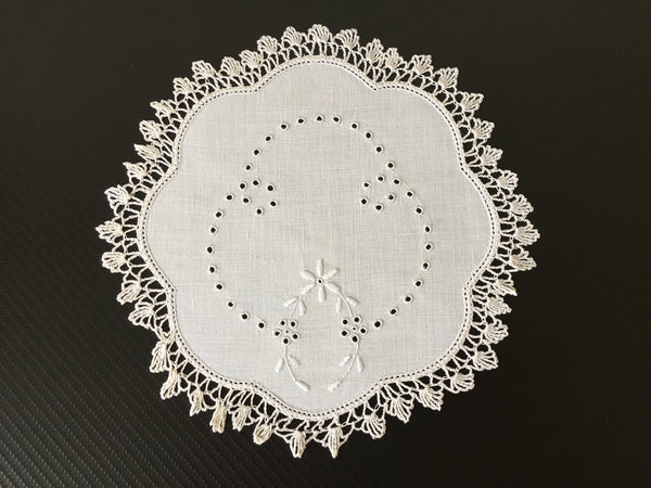 Hand Embroidered 9.5" Edwardian Antique Whitework Doily with Crocheted Edging