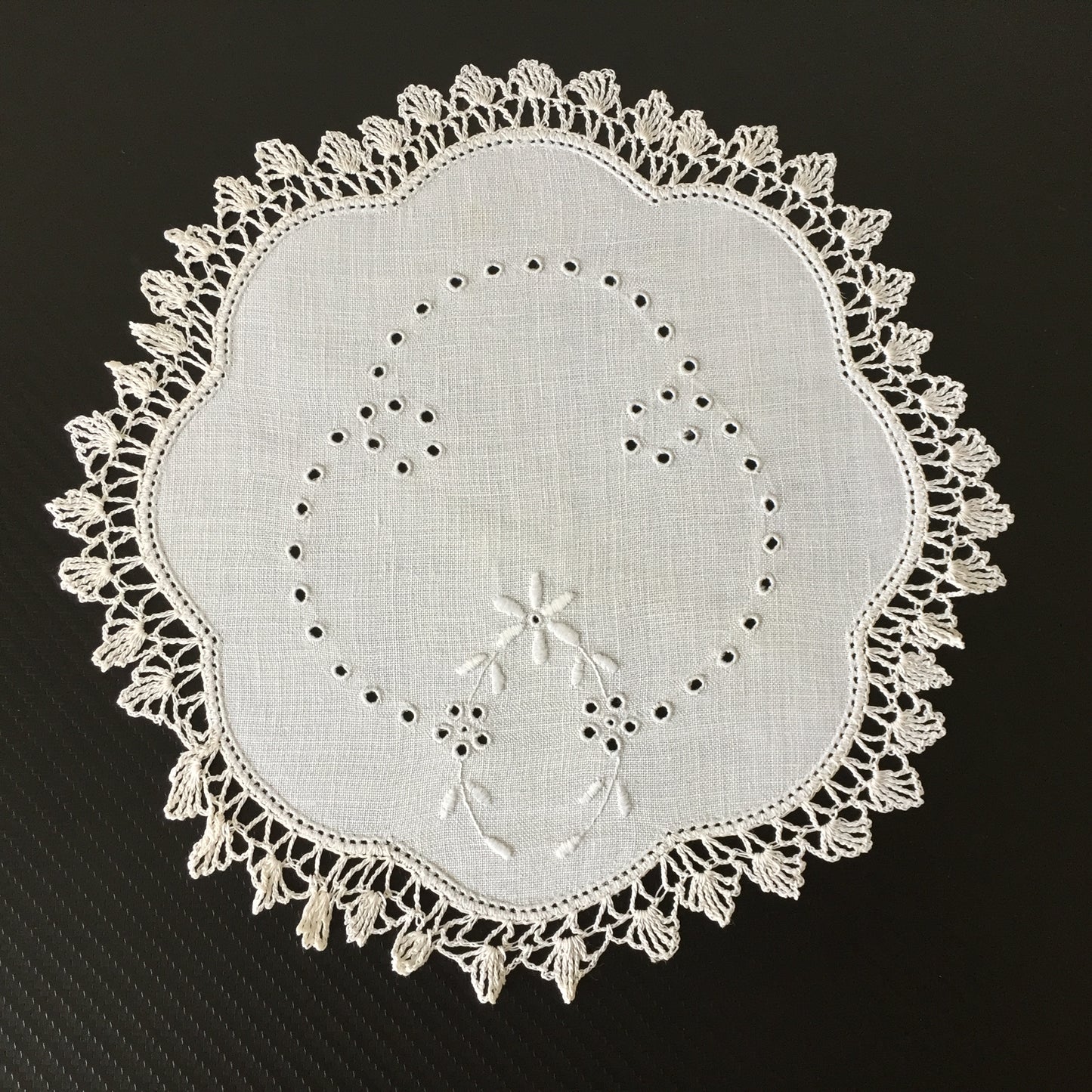 Hand Embroidered 9.5" Edwardian Antique Whitework Doily with Crocheted Edging