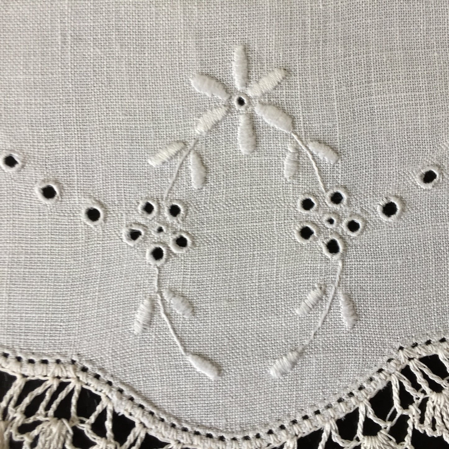 Hand Embroidered 9.5" Edwardian Antique Whitework Doily with Crocheted Edging