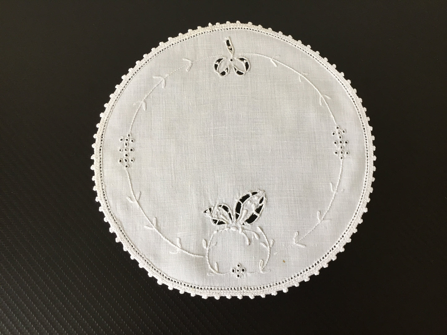 Hand Embroidered 8.75" Antique Madeira Cutwork Doily with Crocheted Edging